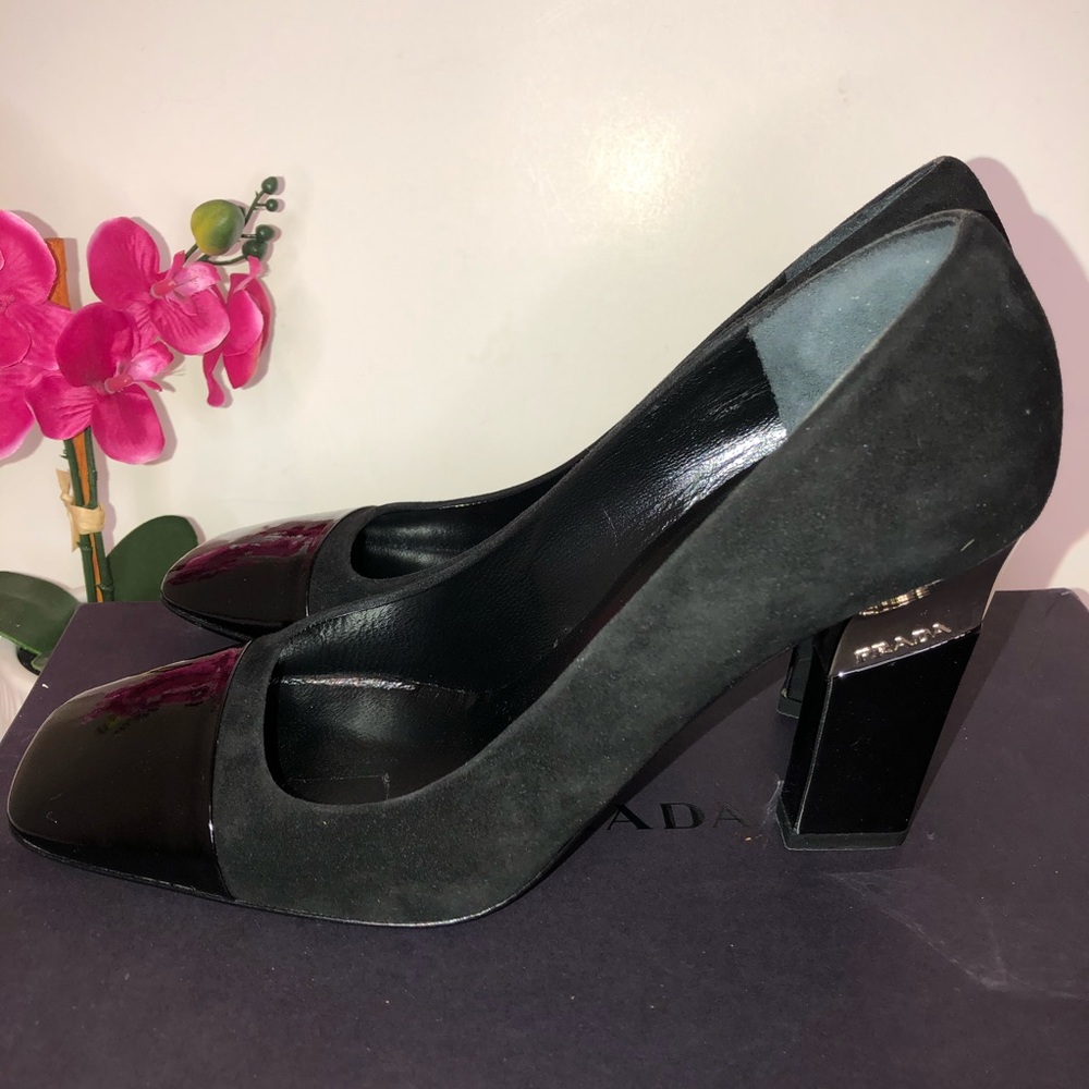 Prada Square Toe and Patent Logo Accent Black SZ38